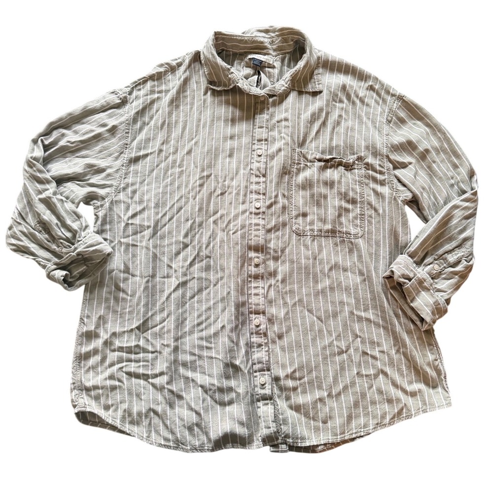 Green Striped Tie Back Button Down‎ Shirt Oversized Coastal Boyfriend Relaxed